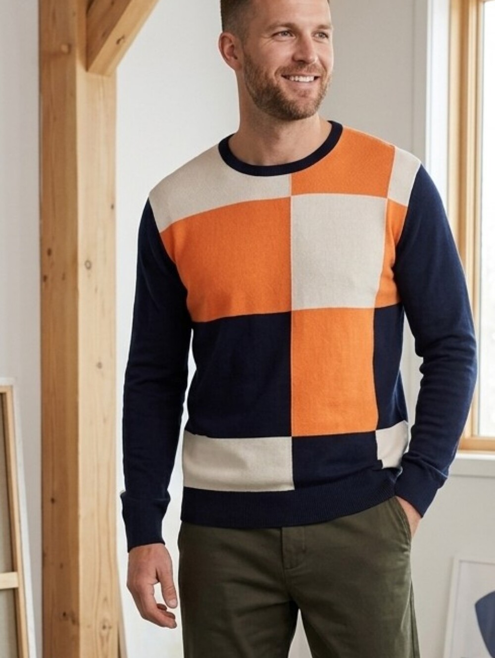 Strellson Swiss Designed Colorblock Crew Neck Sweater Navy Orange Cream